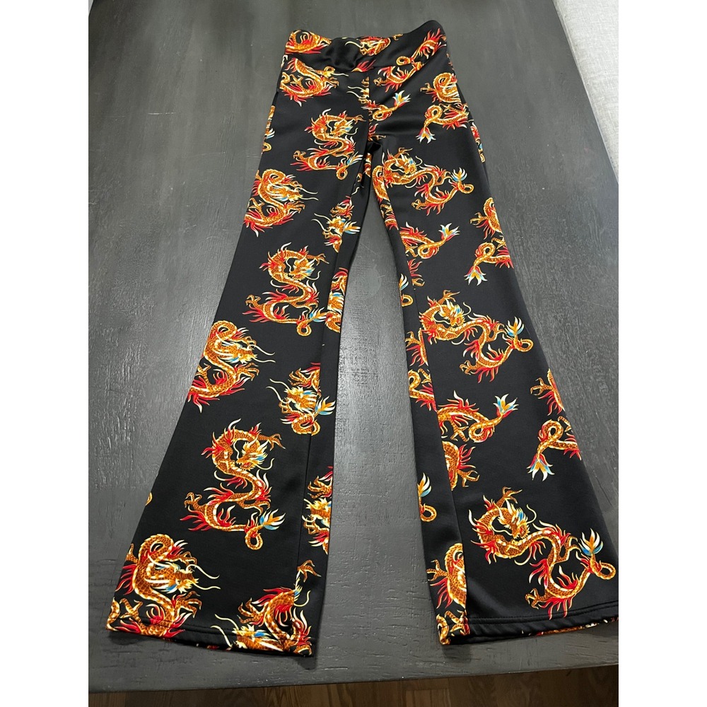 Shoshone‎ Black Dragon Print Flare Pants Women's Size S Graphic Flare  Whimsical